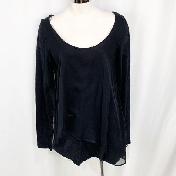 Elizabeth And James Black Scoop Neck Silk Layered Top Sharkbite Asymmetrical Hem